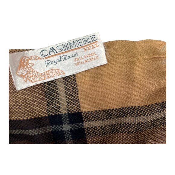 Vintage Cashmere Royal Rossi Plaid Scarf Brown Tan Black Wool Blend Fringe - Picture 3 of 6